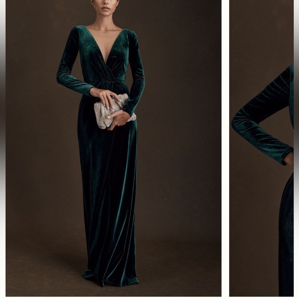 Jenny Yoo Ryland V-Neck Long Sleeve Open Back Velvet Gown